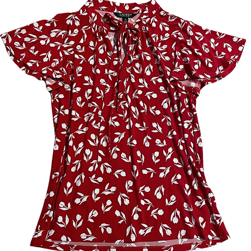 NWOT Lauren Ralph Lauren Women’s Red & White Tulip-Print Tie-Neck Blouse